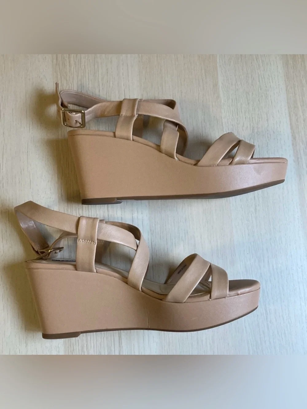 Alex Marie Nude/Tan Crisscross Wedge Sandals with Buckle, Women’s Size 9